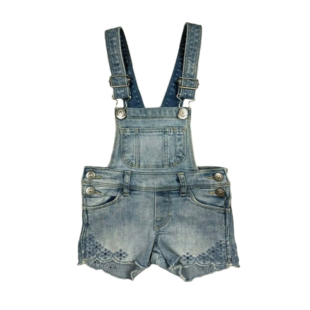 H&M &Denim Toddler Girls Short Overalls w Scalloped Eyelet Hem  1 1/2 - 2 yrs
